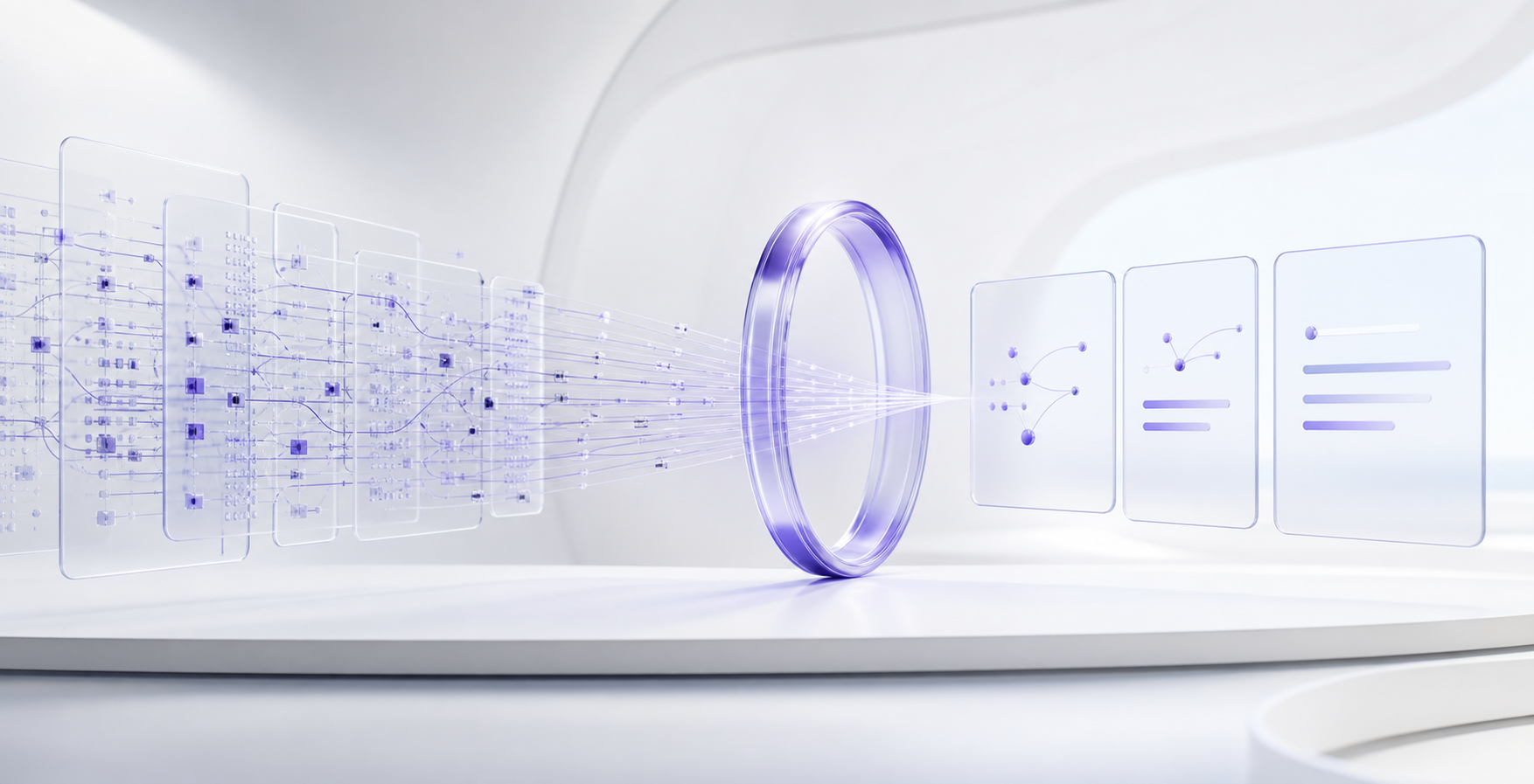 Contract data passing through a violet glass lens and resolving into clear explanation panels